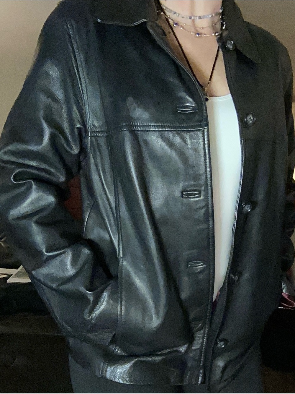 Vintage Women's Colebrook & Co Black Leather Button-Front Jacket